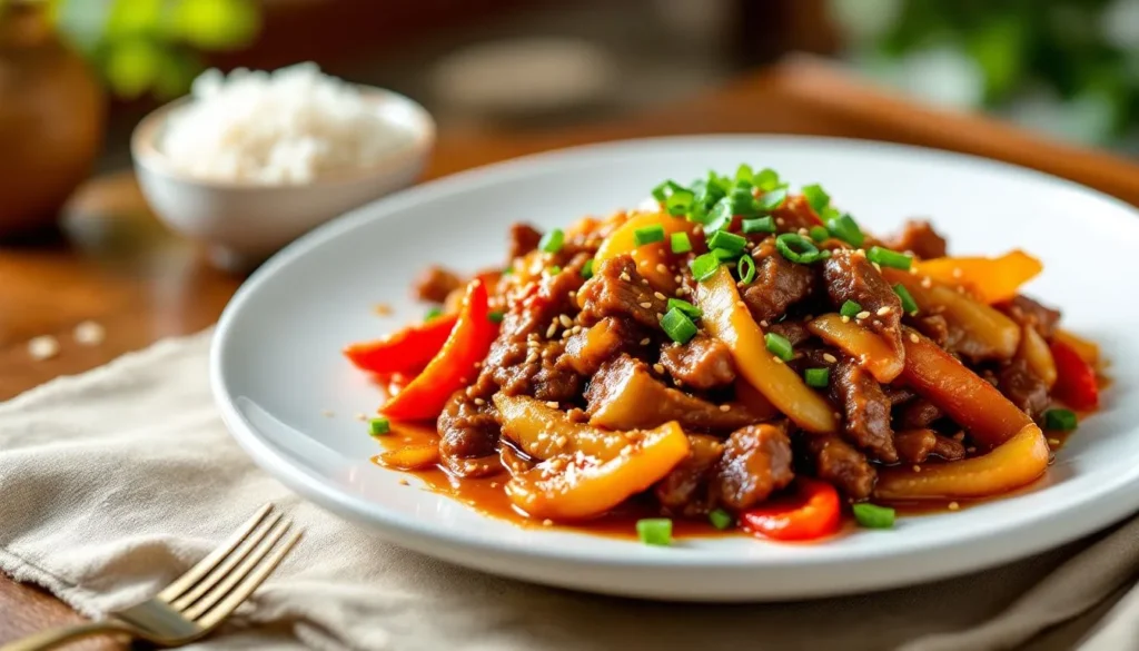 Beijing beef stir-fry with colorful vegetables in a sweet and spicy sauce.