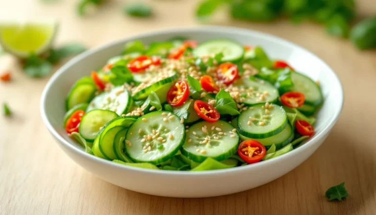 A fresh spicy cucumber salad in a white ceramic bowl, featuring thinly sliced cucumbers coated in a glossy dressing with sesame seeds, green onions, and red chili slices, served on a plain light wooden table under soft natural lighting.