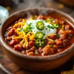 Bowl of chili topped with sour cream, shredded cheese, and sliced jalapeños.