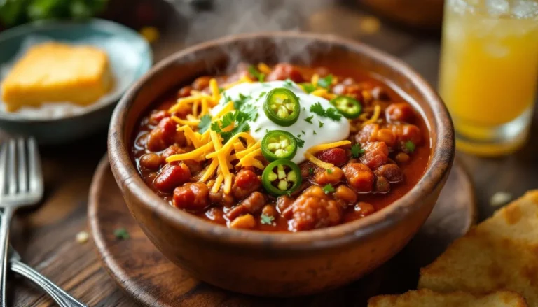 Bowl of chili topped with sour cream, shredded cheese, and sliced jalapeños.