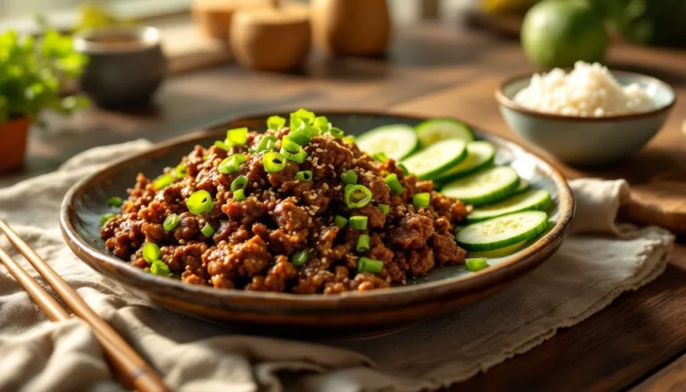 Korean-style ground beef bulgogi served with rice, cucumbers, and green onions.