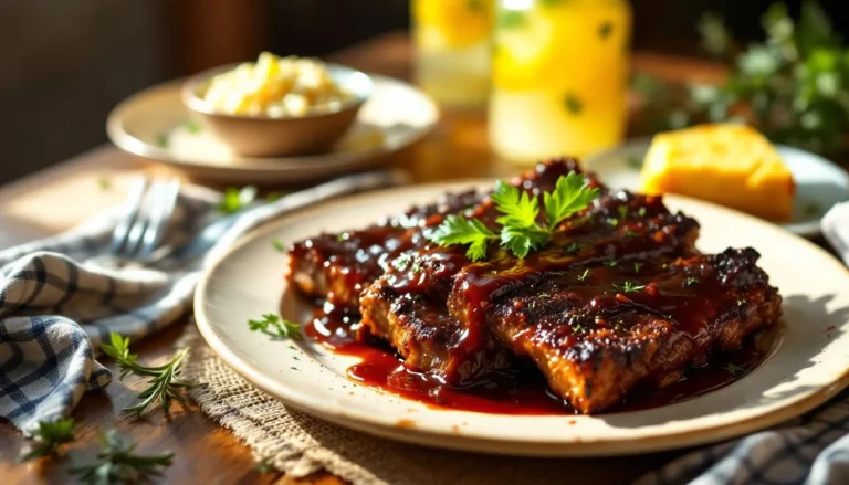 Juicy beef back ribs glazed with barbecue sauce, garnished with fresh herbs, and served with cornbread and mashed potatoes.