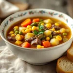 Bowl of hearty vegetable beef soup with slices of fresh bread