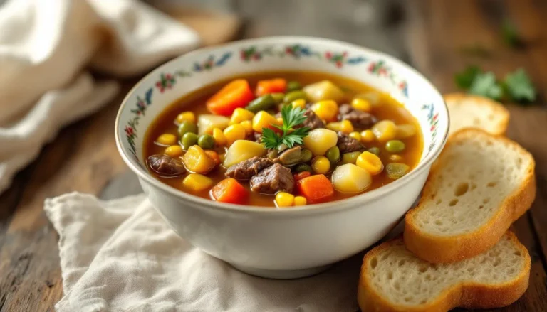 Bowl of hearty vegetable beef soup with slices of fresh bread