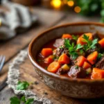 Beef heart slices served with carrots and celery in a savory sauce.