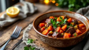 Beef heart slices served with carrots and celery in a savory sauce.