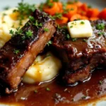 Braised short ribs served with mashed potatoes and roasted carrots.