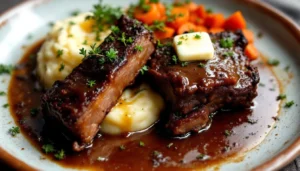 Braised short ribs served with mashed potatoes and roasted carrots.