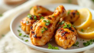 Close-up of perfectly cooked air fry chicken drumsticks garnished with parsley and lemon wedges.