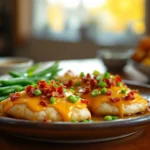 Alice Springs Chicken Recipe with melted cheese, crispy bacon, honey mustard, green beans, and roasted potatoes on a rustic plate.