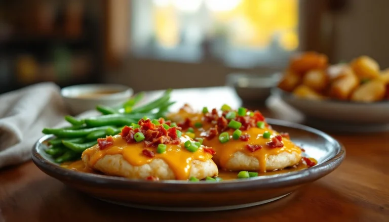 Alice Springs Chicken Recipe with melted cheese, crispy bacon, honey mustard, green beans, and roasted potatoes on a rustic plate.