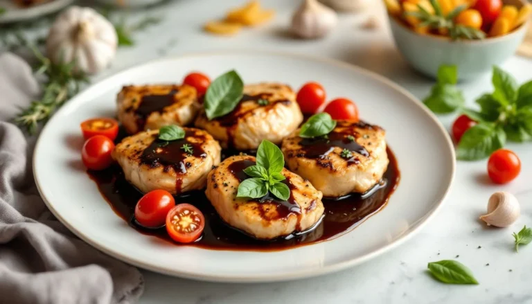 Fully prepared balsamic chicken recipe with balsamic glaze, fresh basil, and cherry tomatoes, beautifully plated.