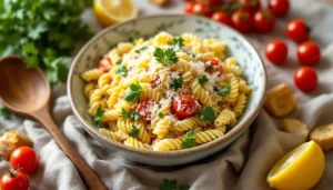 Caesar pasta salad in a rustic ceramic bowl with cherry tomatoes, parsley, and Parmesan cheese, surrounded by croutons and fresh ingredients.