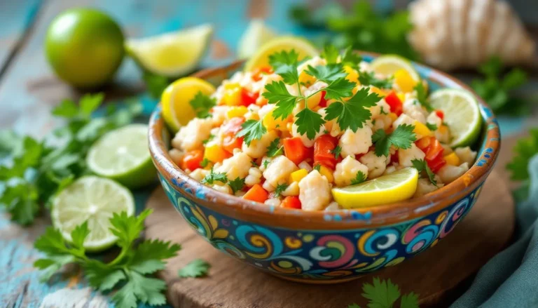 A colorful bowl of fresh conch salad garnished with cilantro and lime wedges, showcasing tropical Caribbean flavors.