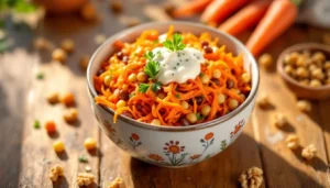 A bowl of freshly prepared carrot raisin salad with creamy dressing and garnished with parsley.