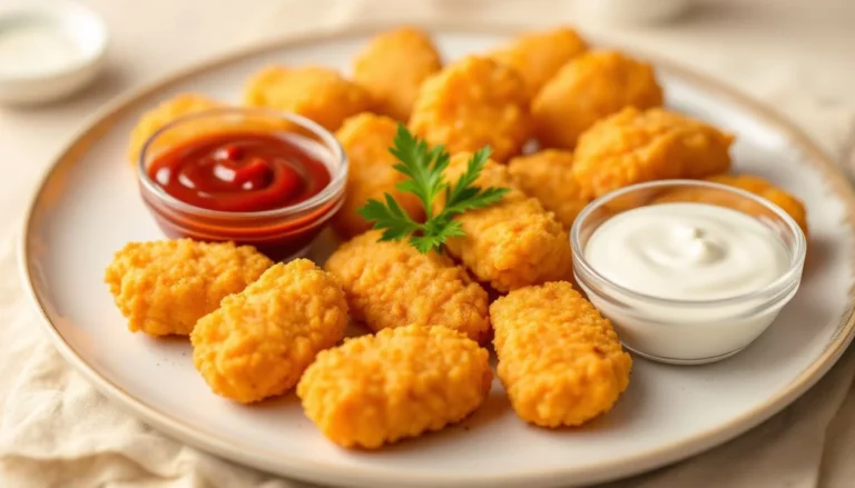 Plate of golden crispy chicken nuggets with dipping sauces for a classic chicken nuggets recipe.