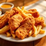 Crispy chicken tenders on a plate with golden fries, served alongside dipping sauces in small bowls on a wooden table.