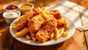 Crispy chicken tenders on a plate with golden fries, served alongside dipping sauces in small bowls on a wooden table.