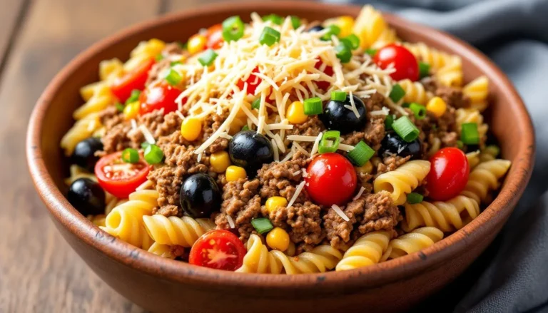 Cowboy pasta salad with pasta, ground beef, cherry tomatoes, black olives, corn, green onion, and cheddar cheese.