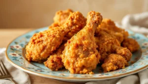 A plate of Maryland fried chicken with golden-brown crispy coating, garnished with parsley sprigs and lemon wedges, served with coleslaw and biscuits.