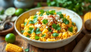 A vibrant bowl of elote pasta salad garnished with cilantro, cotija cheese, and chili powder, served with corn and lime on a wooden table.