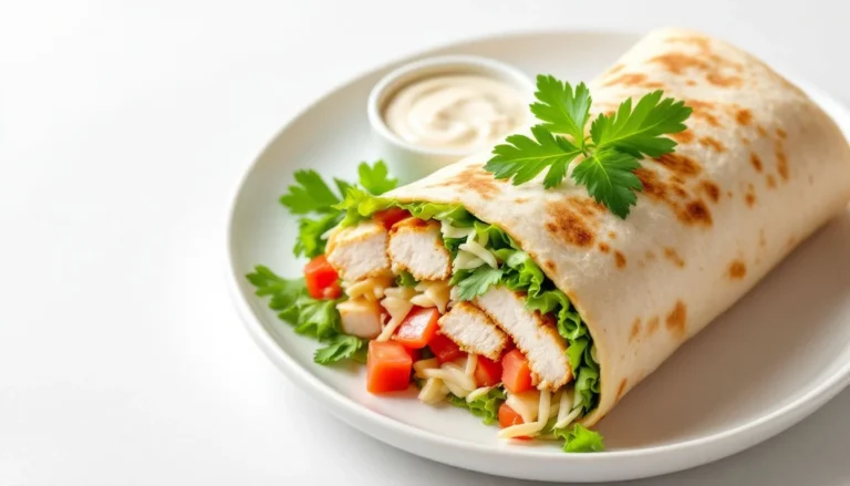 A beautifully plated grilled chicken wrap sliced to showcase juicy chicken, fresh lettuce, tomatoes, and shredded cheese, garnished with parsley.