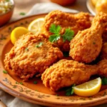 A plate of Maryland fried chicken with golden-brown crispy coating, garnished with parsley sprigs and lemon wedges, served with coleslaw and biscuits.