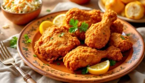 A plate of Maryland fried chicken with golden-brown crispy coating, garnished with parsley sprigs and lemon wedges, served with coleslaw and biscuits.