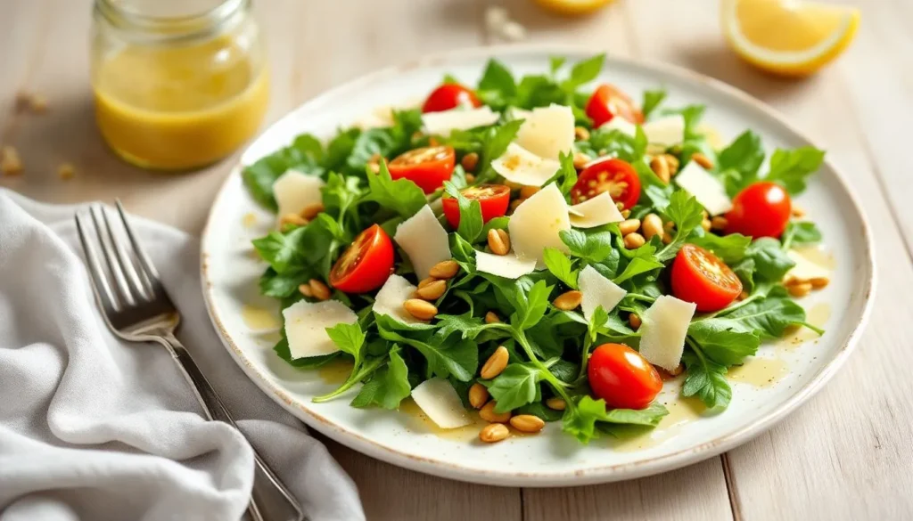 A vibrant rocket salad featuring fresh arugula, cherry tomatoes, toasted pine nuts, and Parmesan cheese drizzled with lemon dressing on a white ceramic plate.