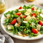 A vibrant rocket salad featuring fresh arugula, cherry tomatoes, toasted pine nuts, and Parmesan cheese drizzled with lemon dressing on a white ceramic plate.