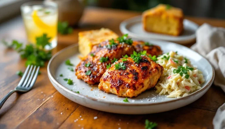 Smoked chicken thighs garnished with parsley, served with coleslaw and cornbread on a white ceramic plate.