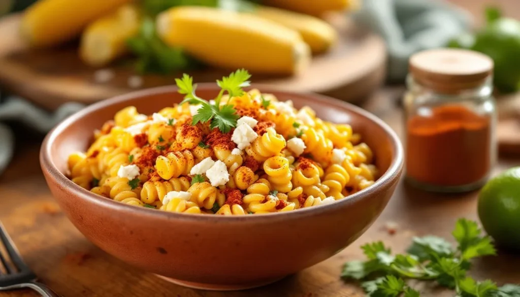 Mexican Street Corn Pasta Salad served in a rustic ceramic bowl with fresh cilantro, cotija cheese, and chili powder garnish.