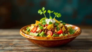 A bowl of homemade Wendy's Taco Salad topped with fresh cilantro, sour cream, lime wedges, and tomatoes, served on a rustic wooden table.